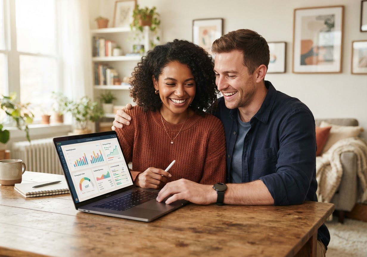 Happy customers reviewing finances